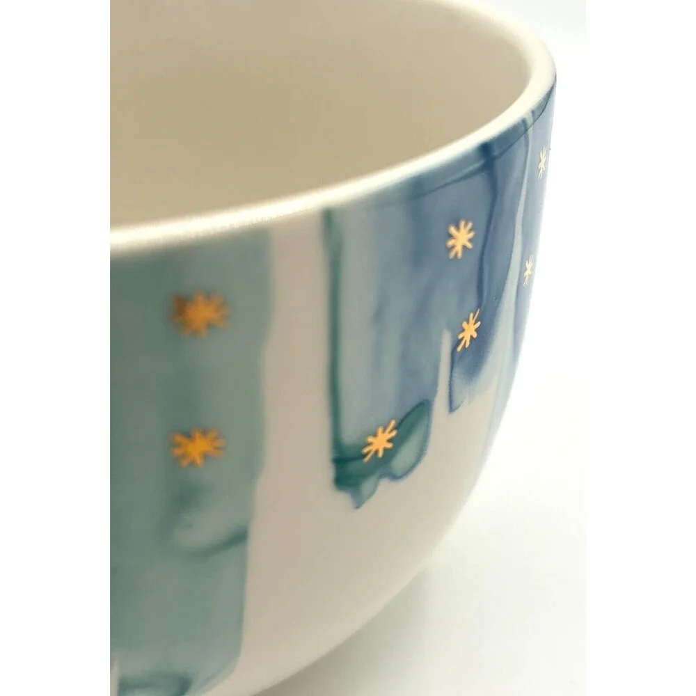 Anthropologie‎ Night Sky Bowl Stoneware Blue Teal Drip Watercolor Wash Gold Star